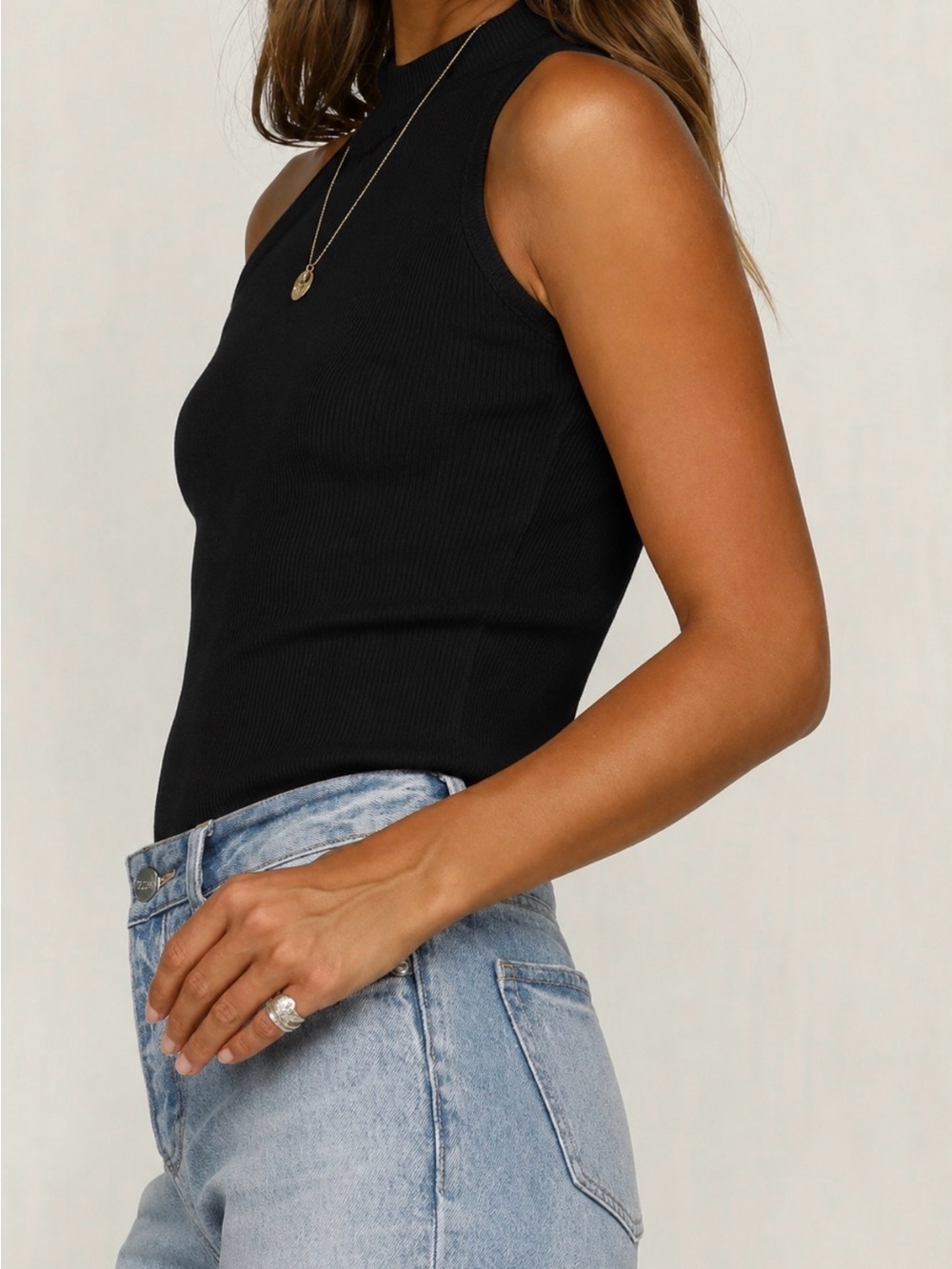 One-Shoulder Ribbed Black Tank Top - Picture 2 of 5